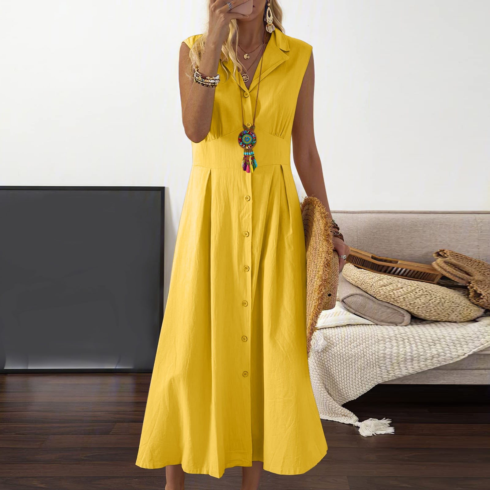 thumbnail image 2 of Vestido de verano sin mangas con cuello de solapa y botones de largo medio para mujer - Vestido de fiesta informal y holgado con cuello vuelto, 2 of 8